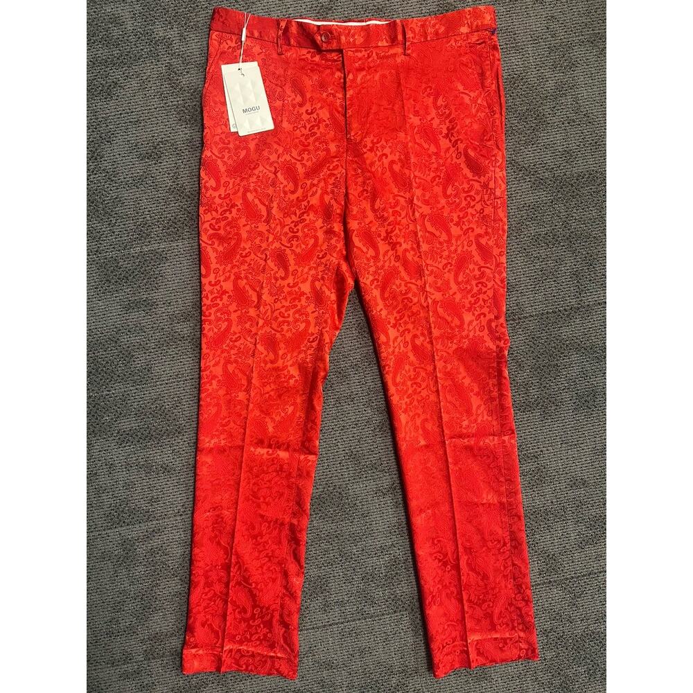 MOGU Red Paisley Jacquard Dress Pants Mens 4XL 36x33 Slim Fit Satin NWT Bold